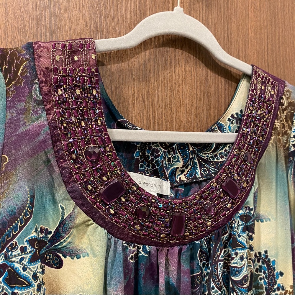 DRESSBARN Y2K Paisley Smocked Blouse Size 1X Beaded Embroidered Mesh Neckline - Picture 4 of 11